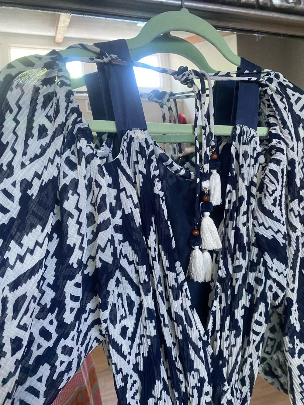 Tory Burch Navy and White Printed Maxi Dress with Tassel Tie